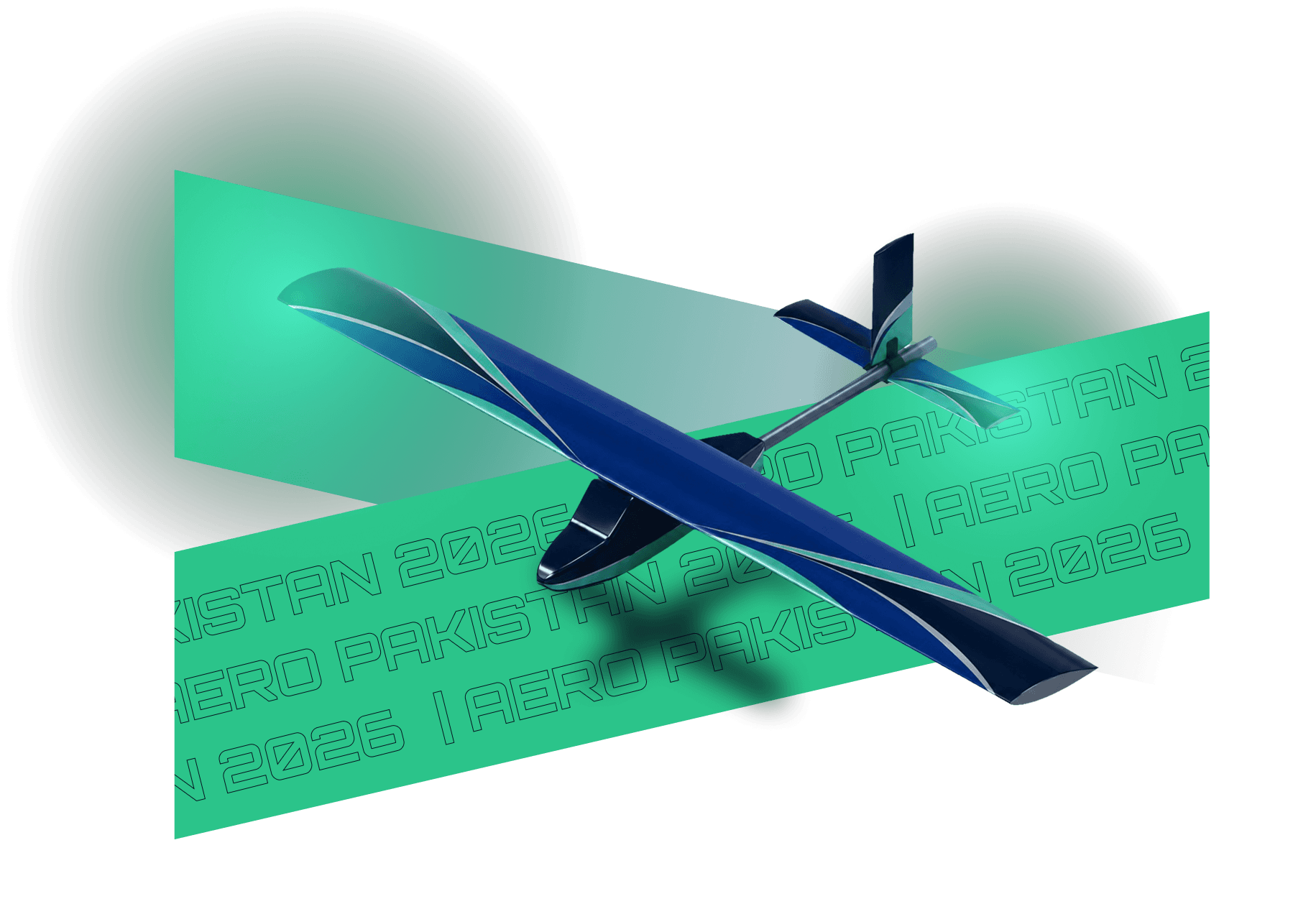 3D render of the Aero Pakistan 2026 competition glider over a diagonal AERO PAKISTAN 2026 ribbon banner